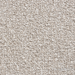 Textured beige carpet sample with 'French White' label