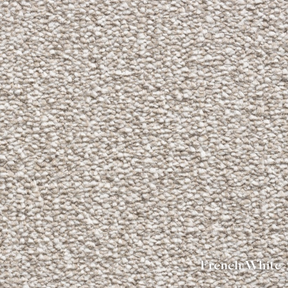 Textured beige carpet sample with 'French White' label