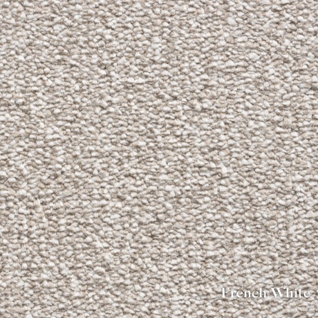 Textured beige carpet sample with 'French White' label