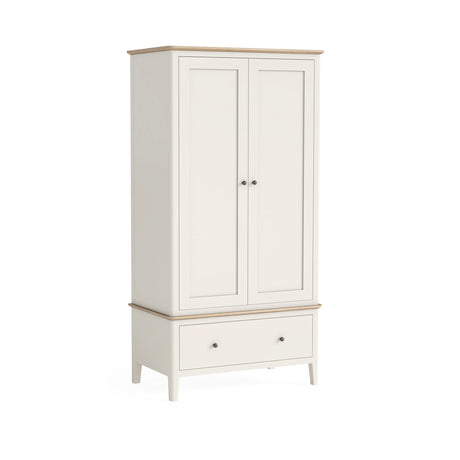The Marley Gents Wardrobe in Coconut Milk features spacious storage, oak top and customizable handles.