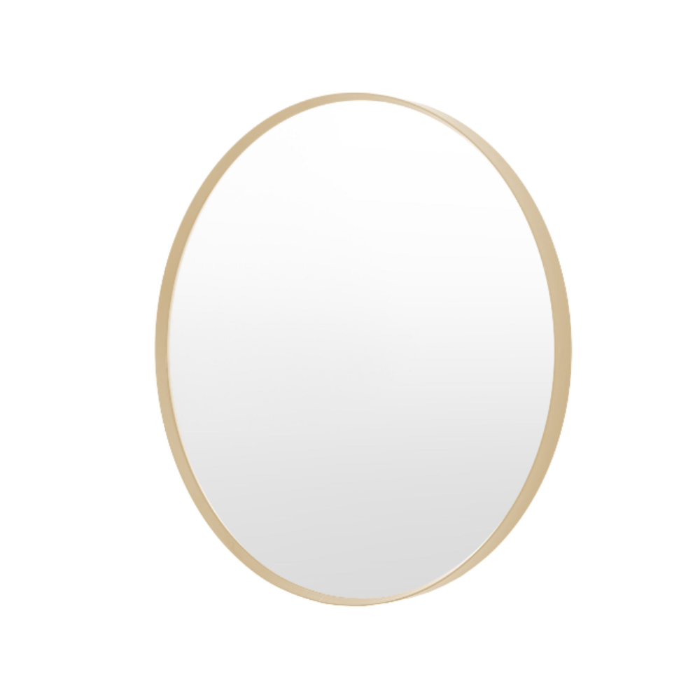 The Gallery Holworth Round Mirror in Gold features an 80cm diameter, elegant gold frame and versatile design