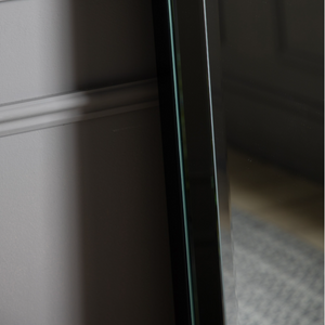 The Gallery Luna Cheval Mirror in Black features full-length bevelled mirror, black frame, kickstand for freestanding use.