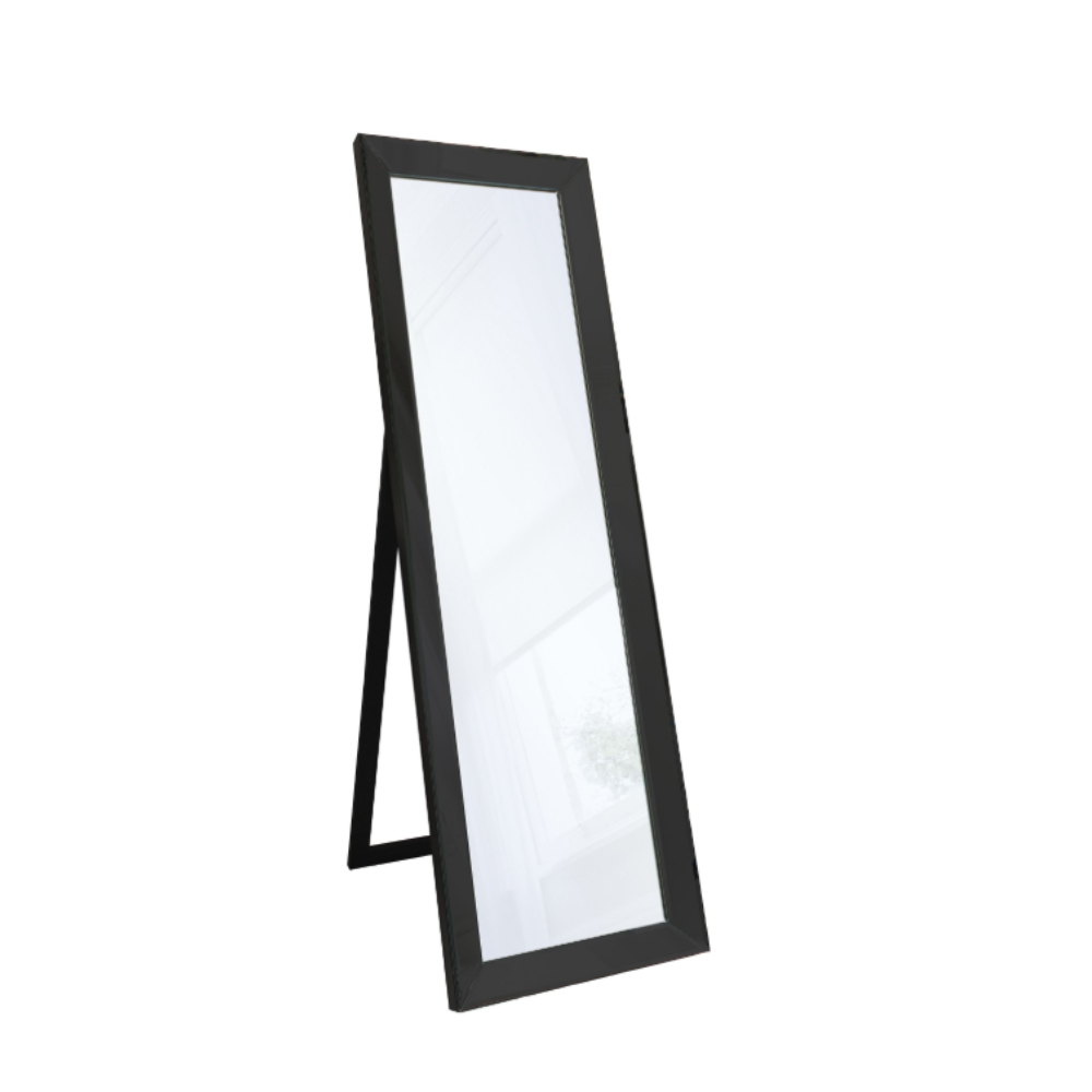 The Gallery Luna Cheval Mirror in Black features full-length bevelled mirror, black frame, kickstand for freestanding use.