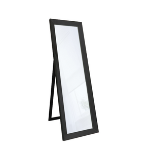 The Gallery Luna Cheval Mirror in Black features full-length bevelled mirror, black frame, kickstand for freestanding use.
