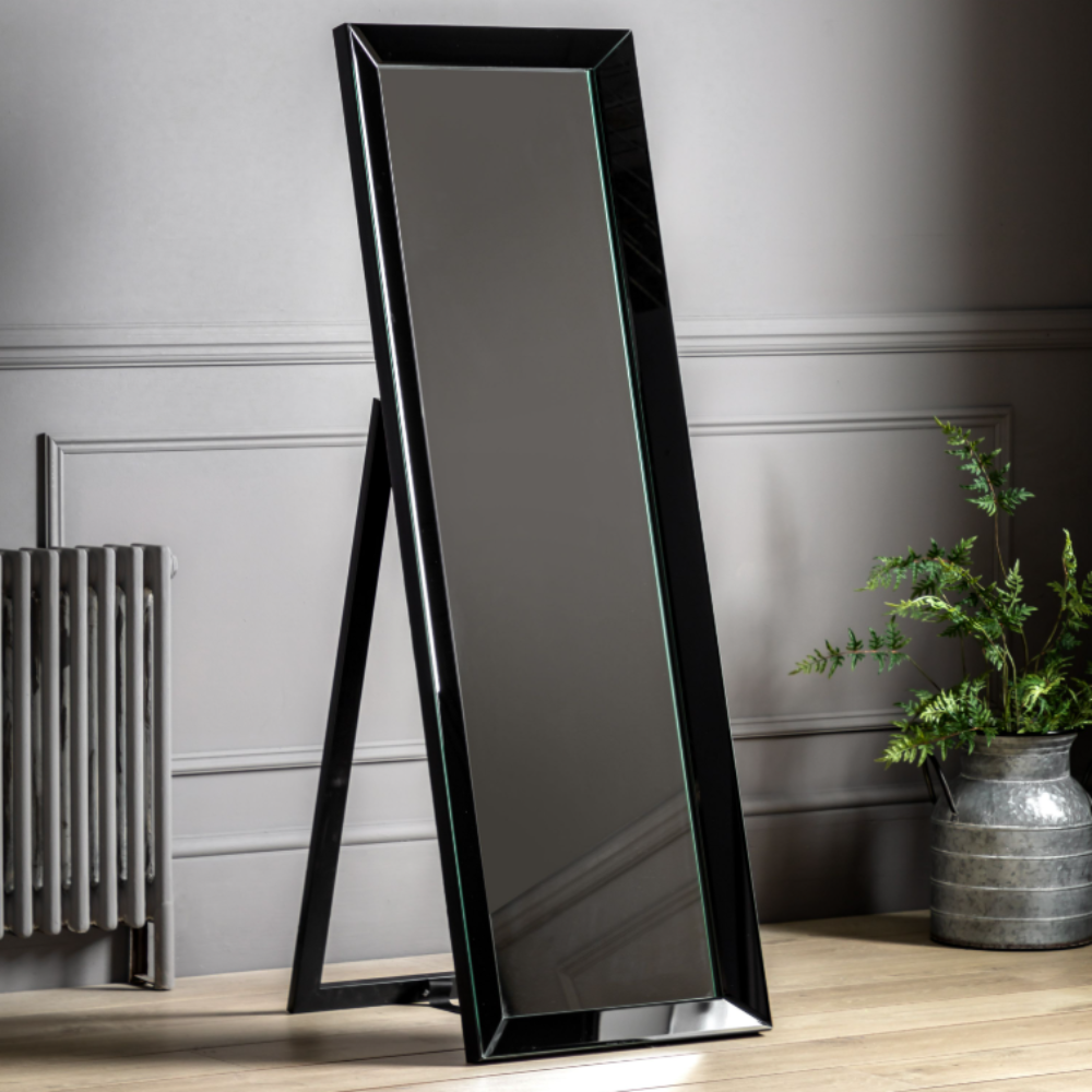 The Gallery Luna Cheval Mirror in Black features full-length bevelled mirror, black frame, kickstand for freestanding use.