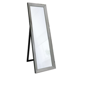 The Gallery Luna Cheval Mirror in Grey features full-length bevelled mirror, silver frame, kickstand for freestanding use.