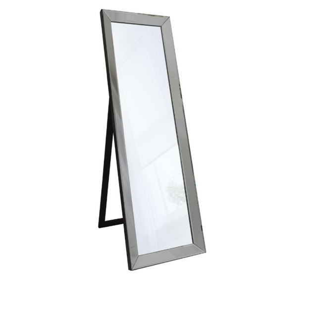 The Gallery Luna Cheval Mirror in Grey features full-length bevelled mirror, silver frame, kickstand for freestanding use.