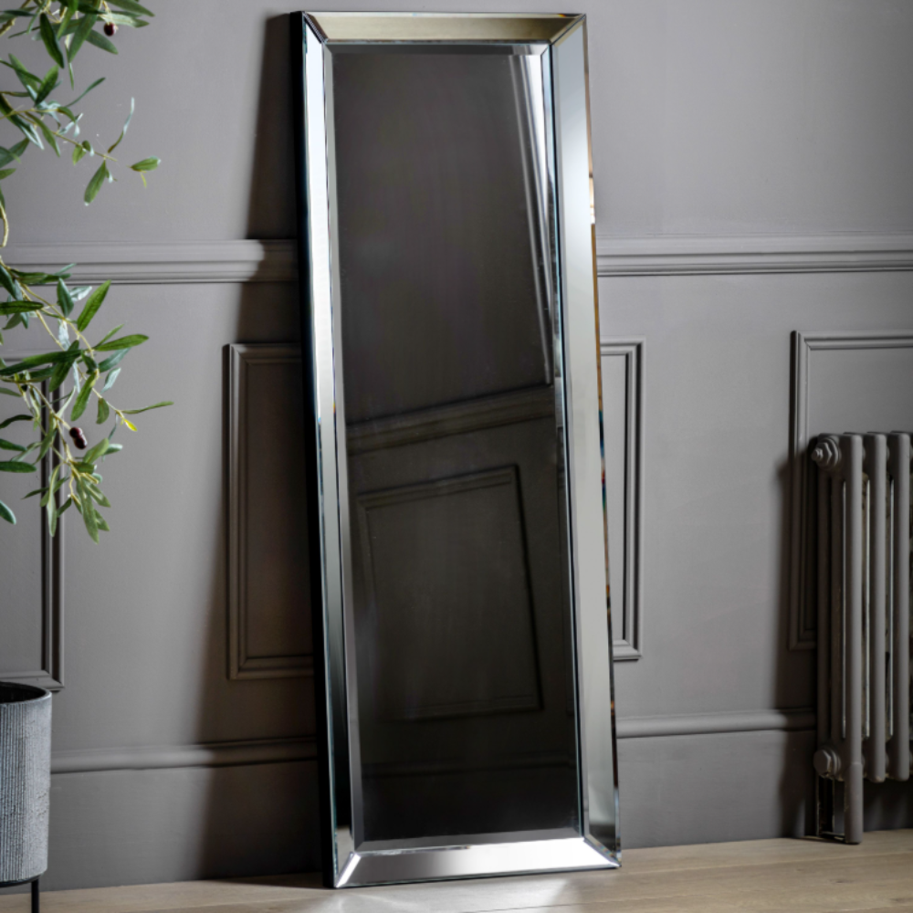The Gallery Luna Full-Length Mirror in Silver features bevelled panels, silver edge, versatile portrait or landscape hanging.