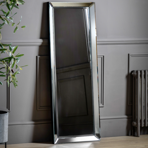 The Gallery Luna Full-Length Mirror in Silver features bevelled panels, silver edge, versatile portrait or landscape hanging.