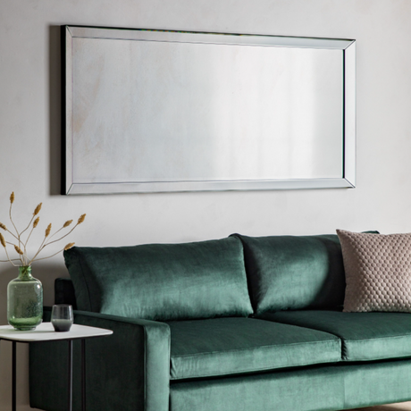 The Gallery Luna Full-Length Mirror in Silver features bevelled panels, silver edge, versatile portrait or landscape hanging.
