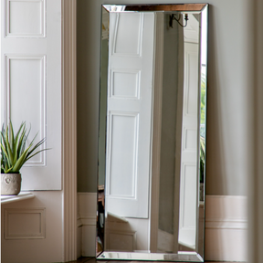 The Gallery Luna Full-Length Mirror in Silver features bevelled panels, silver edge, versatile portrait or landscape hanging.