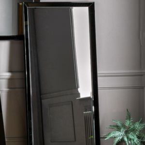 The Gallery Luna Large Mirror in Black features bevelled glass, angled frame, large versatile hanging or leaning options