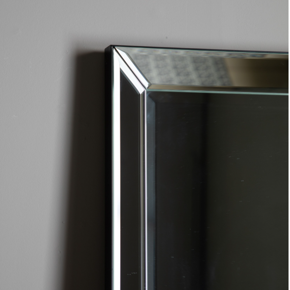 The Gallery Luna Large Mirror in Silver features bevelled glass, angled frame, large versatile hanging or leaning options.