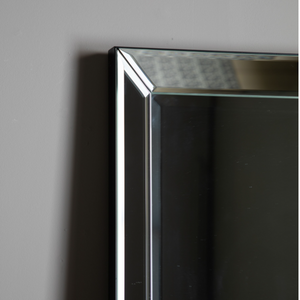 The Gallery Luna Large Mirror in Silver features bevelled glass, angled frame, large versatile hanging or leaning options.