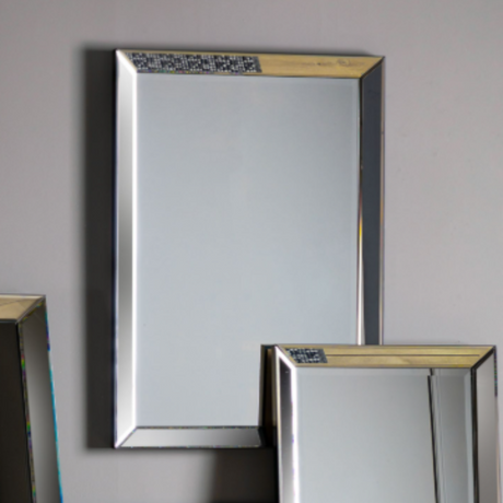 The Gallery Luna Rectangle Mirror in Grey features bevelled panels and grey edge, versatile portrait or landscape hanging.