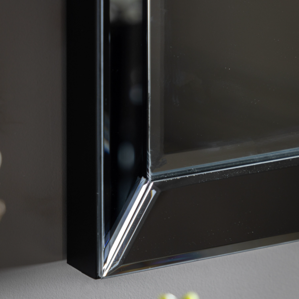 The Gallery Luna Rectangle Mirror in Grey features bevelled panels and grey edge, versatile portrait or landscape hanging.