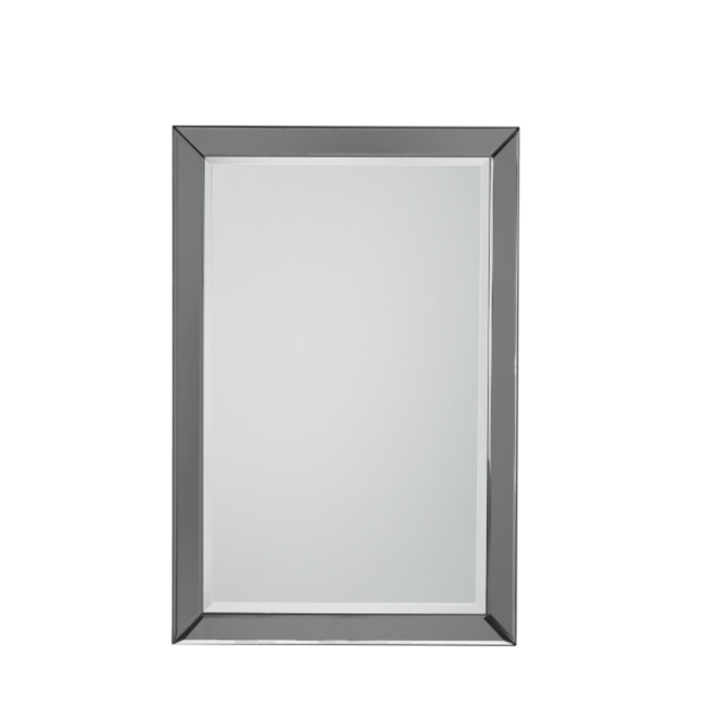 The Gallery Luna Rectangle Mirror in Grey features bevelled panels and grey edge, versatile portrait or landscape hanging.