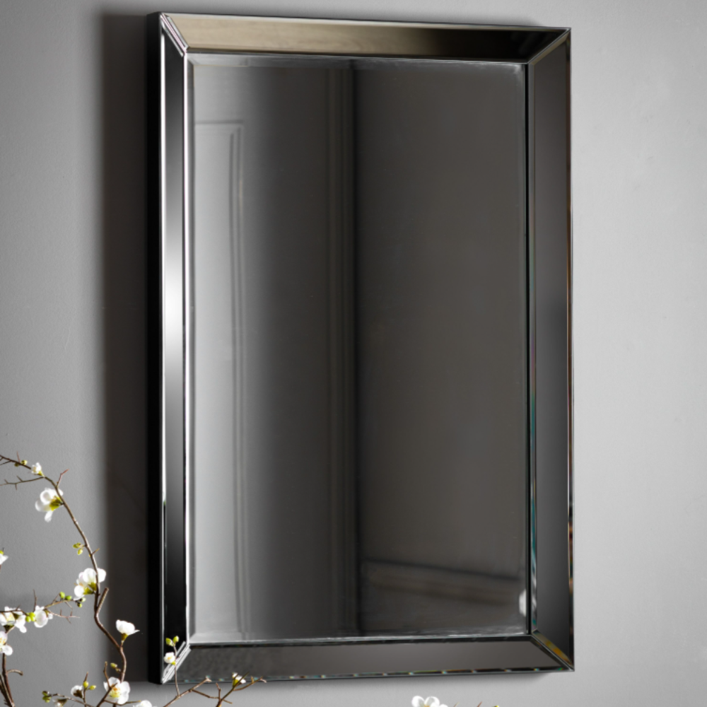 The Gallery Luna Rectangle Mirror in Grey features bevelled panels and grey edge, versatile portrait or landscape hanging.