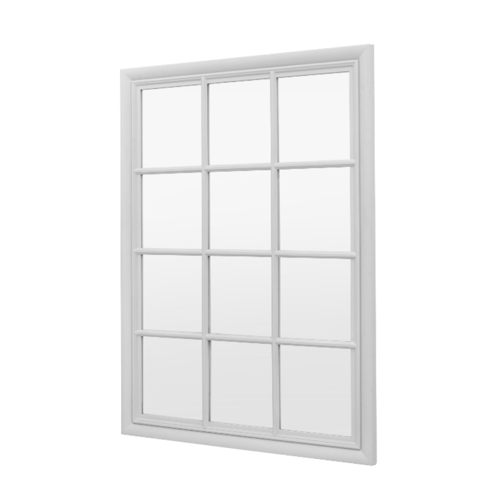 The Gallery Sherwood Window Mirror in Stone features a windowpane design, stone finish and durable build