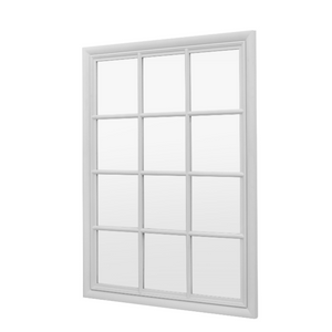 The Gallery Sherwood Window Mirror in Stone features a windowpane design, stone finish and durable build