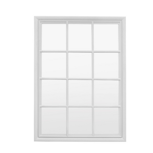 The Gallery Sherwood Window Mirror in Stone features a windowpane design, stone finish and durable build