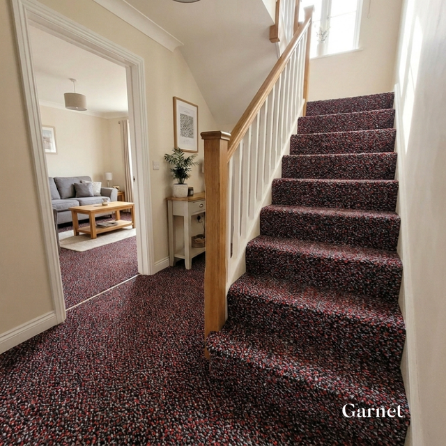 Staircase with garnet carpet leading to a living room.