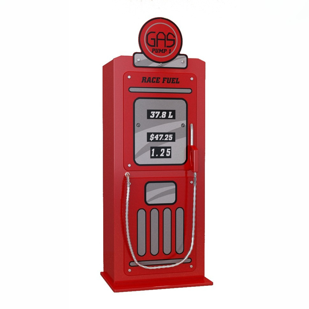 VIPACK Gas Pump Wardrobe in Red features a gas station cabinet design, soft close door & 4 shelves, a bold car themed design perfect for stylish kids rooms