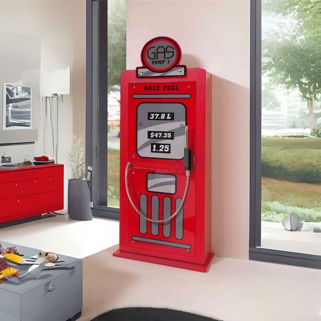 VIPACK Gas Pump Wardrobe in Red features a gas station cabinet design, soft close door & 4 shelves, a bold car themed design perfect for stylish kids rooms