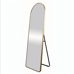 With its sleek gold aluminium frame & stylish round top, the Gemma Dressing Mirror (164x55cm) is ideal for dressing, enhancing décor, and reflecting light.