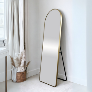 With its sleek gold aluminium frame & stylish round top, the Gemma Dressing Mirror (164x55cm) is ideal for dressing, enhancing décor, and reflecting light.