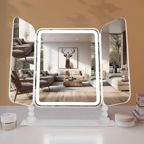 The Glamour Butterfly Mirror offers LED lighting, adjustable brightness, fold out design, 2x/3x magnifying wings and elegant pearl leg detail