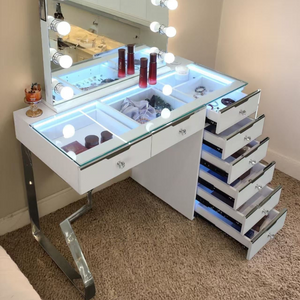 The Glamour Queen 8 Drawer Vanity Table offers crystal handles, LED light strip, 7 colours, 3 white light modes, wireless charging, USB & Type-C ports