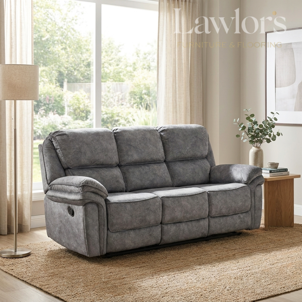 Dark grey 3 seater recliner sofa in a modern living room