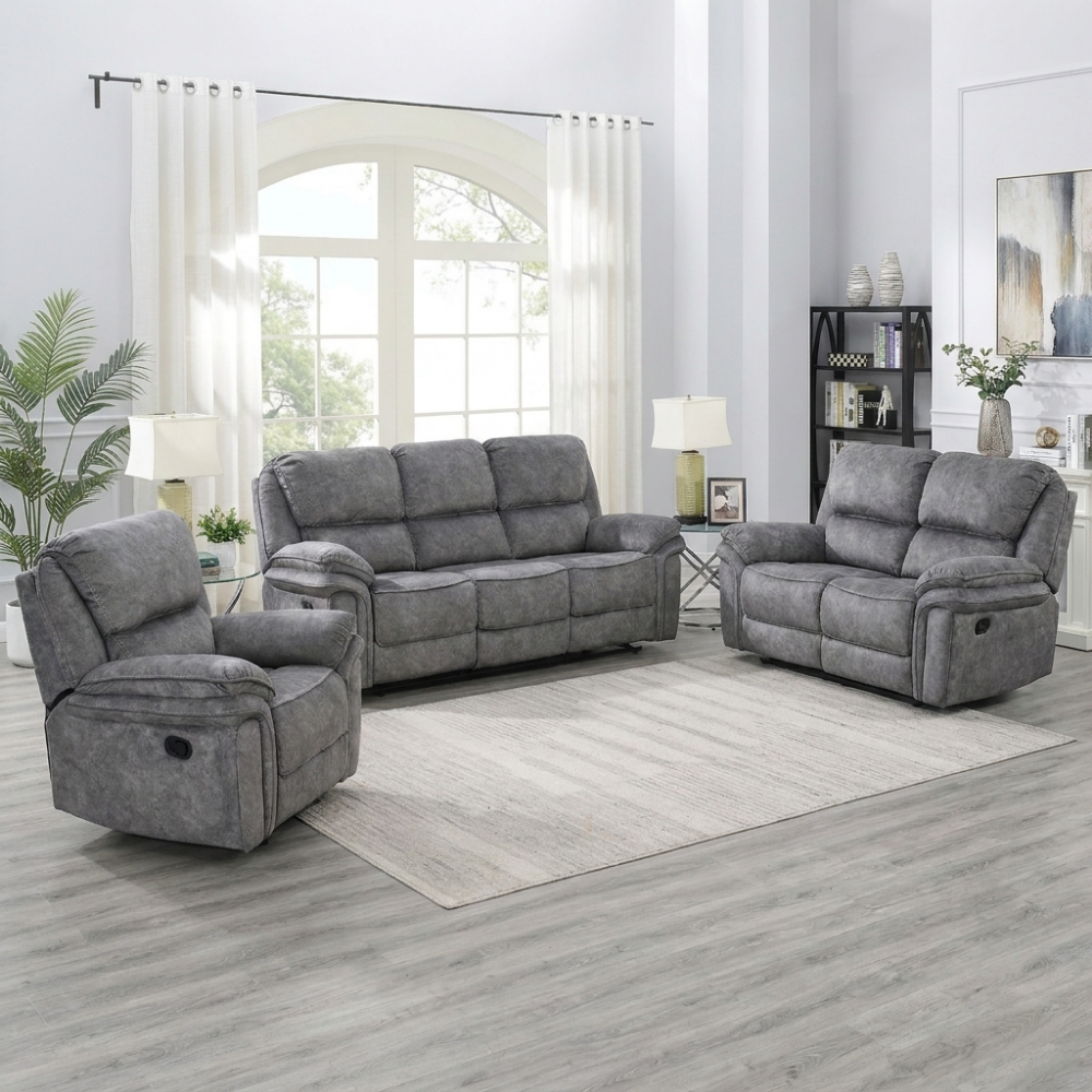 Dark grey 3+2+1 recliner sofa set in a brightly lit room