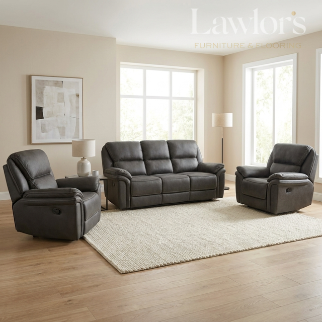 Slate navy 3+1+1 recliner sofa set in a modern living room