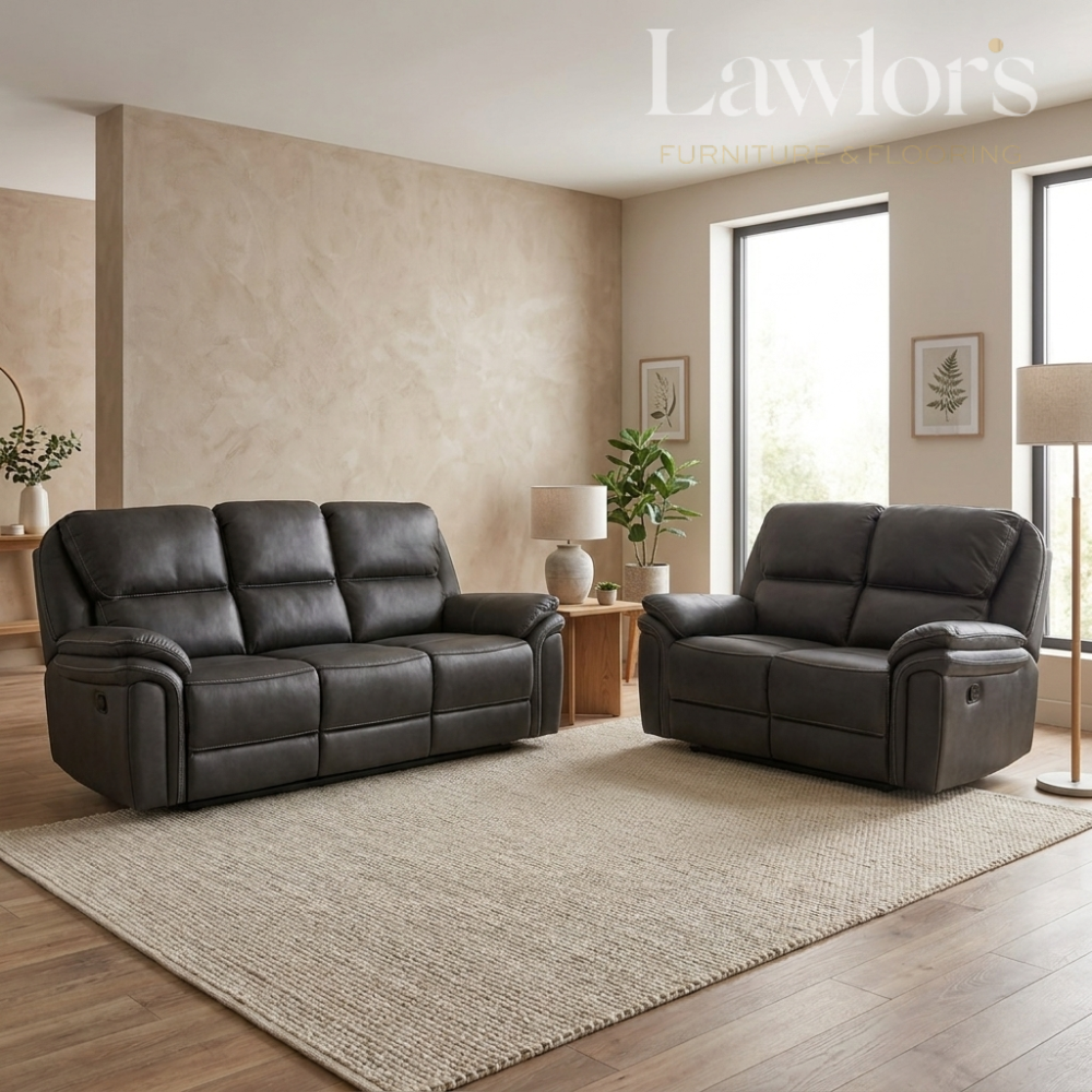 Slate navy 3+2 recliner sofa set in a modern living room