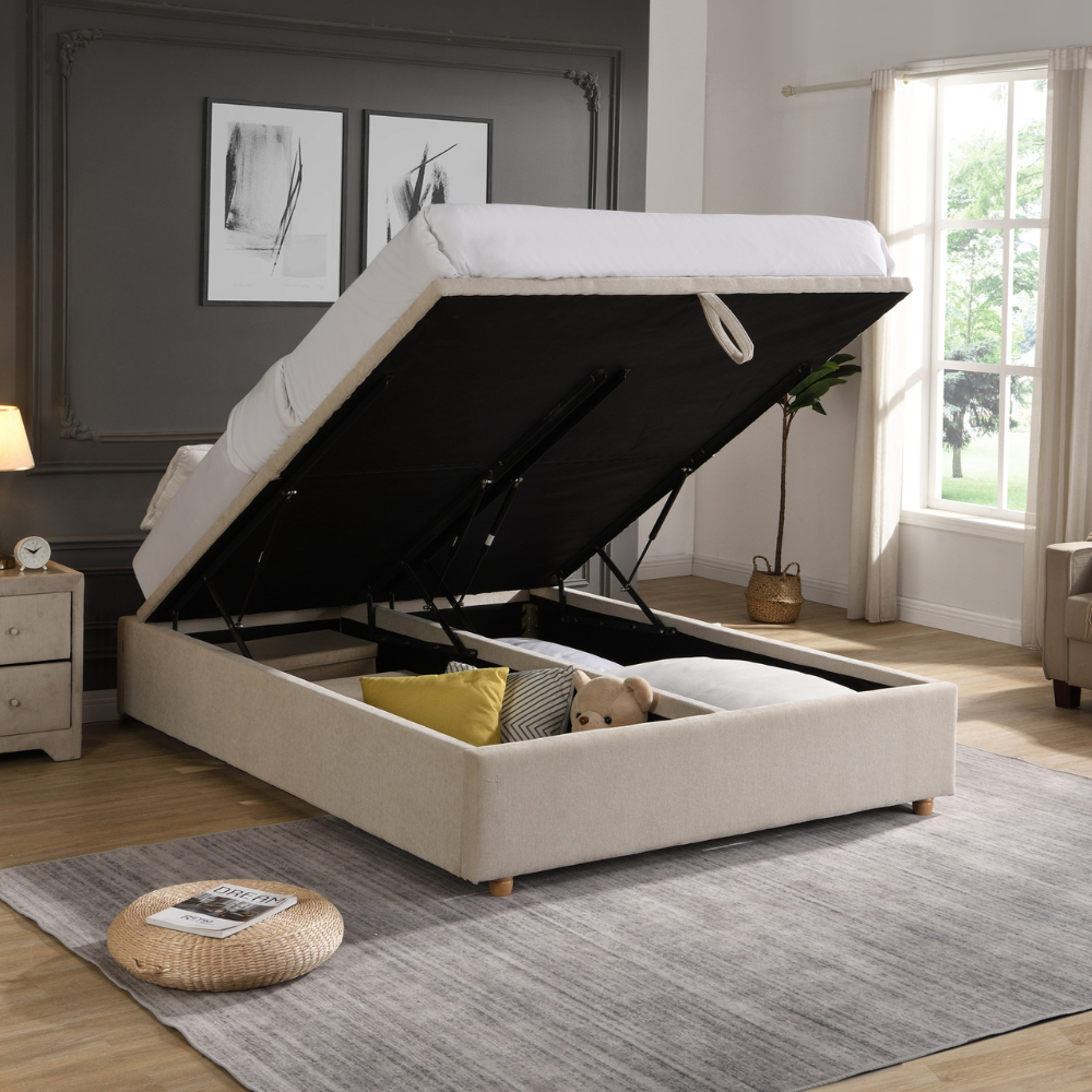 The Grace Gas-Lift Ottoman features a gorgeous 3D look, storage convenience, luxurious button detailing and soft-touch beige fabric.