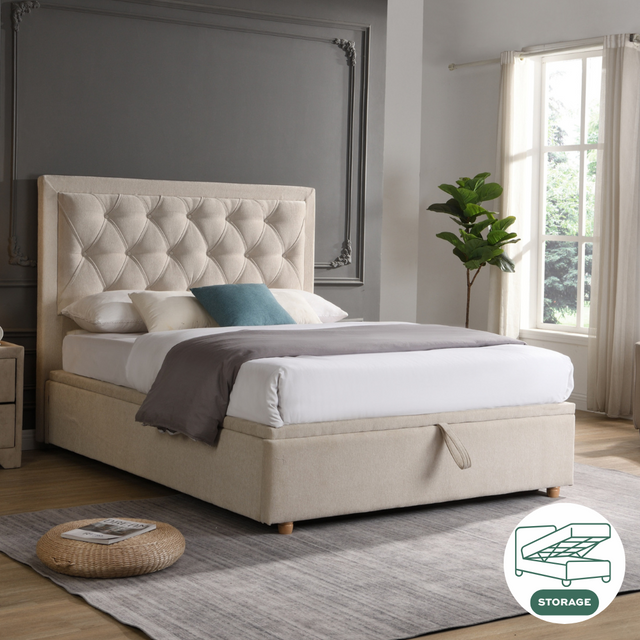 The Grace Gas-Lift Ottoman features a gorgeous 3D look, storage convenience, luxurious button detailing and soft-touch beige fabric.