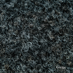 Close-up of a textured gray fabric surface with 'Greige' label.