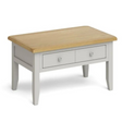 The Guildford Coffee Table with oak top, pale grey frame and storage drawer with a rustic shaker styles and soft soft edges for a calm timeless look