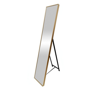 The Hamal Dressing Mirror (150.5x30.5cm) has a full-length design, a slim gold aluminium frame, and wall-mount or freestanding options.