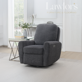 Dark Grey electric recliner chair in a room with a desk and plants