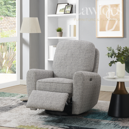 Stone grey electric recliner chair in a living room setting with decor elements.