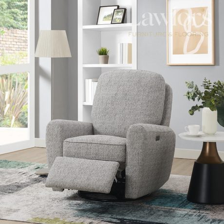 Stone grey electric recliner chair in a living room setting with decor elements.