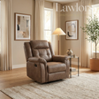 A brown faux-leather recliner chair in a styled living room setting with beige walls, curtains, a side table, a floor lamp, and a potted plant.