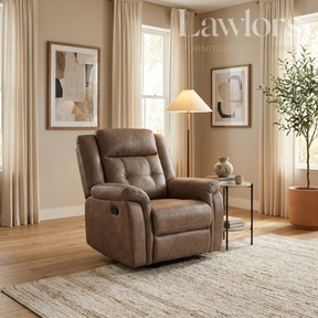 A brown faux-leather recliner chair in a styled living room setting with beige walls, curtains, a side table, a floor lamp, and a potted plant.