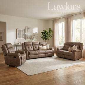 A brown upholstered living room furniture set in a bright, modern living room, including a three-seat sofa, a two-seat loveseat, and a matching recliner, arranged on a light-colored area rug with wooden floors.