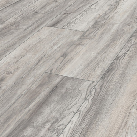 The Harbour Oak White Laminate Flooring - 12mm, light grey oak look, AC5-rated durability, 5G Click install, eco-friendly.