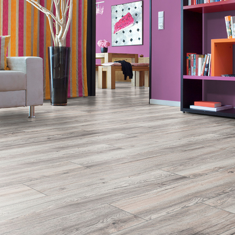 The Harbour Oak White Laminate Flooring - 12mm, light grey oak look, AC5-rated durability, 5G Click install, eco-friendly.