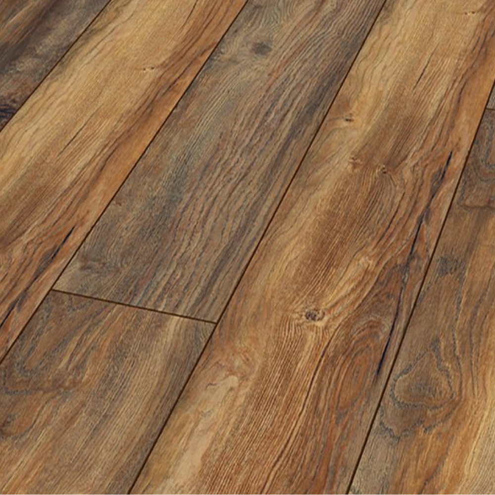 Rustic medium-brown hardwood flooring planks with visible natural grain, knots, and weathered texture.
